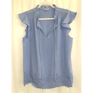 Floral & Ivy Shirt Flitter Sleeve Rouched Eyelet Tie Neck Blue Women’s Size L